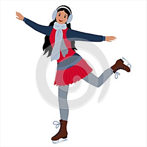 A young girl is skating. Winter sport. Leisure. The concept of a festive pastime.