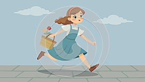 A young girl skipping down a cobblestone street in a pinafore dress and Mary Jane shoes carrying a wicker basket filled photo