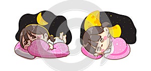 A young girl sleeping at fantasy night time and sweet dream concept isolated on background with character design