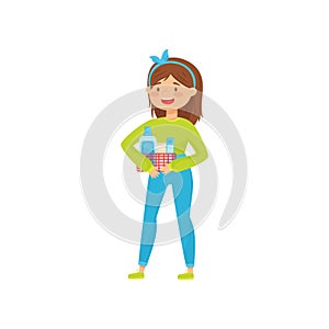 Young girl with small basket full of different cleaning products, detergents for laundry. Cartoon flat vector design