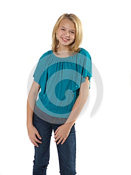 Young girl smiling over white background