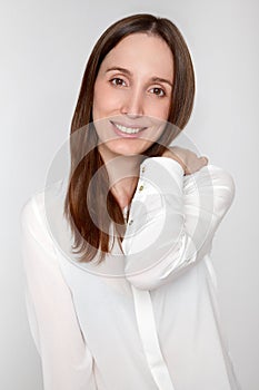 Young girl smiling portrait on white