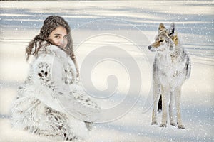 Young Girl in Snow with Coyote and Smiling Face