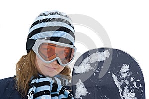 Young girl with snowboard.