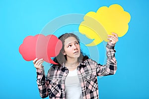 Young girl with speech bubbles