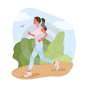 A young girl spends time outdoors. Vector illustration of the cartoon happy woman jogging in the park in summer photo