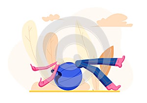 Young Girl in Sports Wear Relaxing on Fitball During Outdoor Training Workout. Fitness Woman Character Doing Exercises