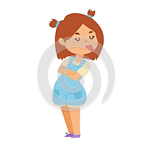 Young girl standing with arms crossed, pouting lips, displeased expression. Cartoon child shows attitude, stubbornness
