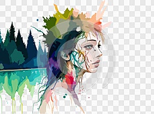 young girl standing in the autume forest, vector illustration.