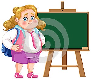 A young girl standing by a chalkboard