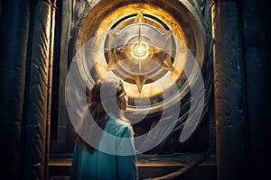 Young girl standing in front of ancient magical eye in old temple. Postproducted generative AI illustration.Generative AI