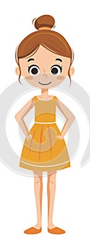 Young girl standing with hands on hips wearing orange dress, cartoon kid with bun hairstyle. Confident child, cute