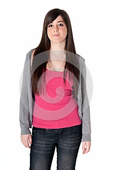 Young girl standing isolated on white background