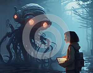 a young girl is standing next to a monster in a dark forest , generated by AI