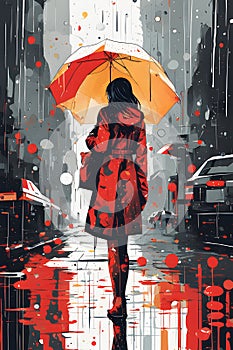 Young girl standing in the rain on a street, holding an umbrella