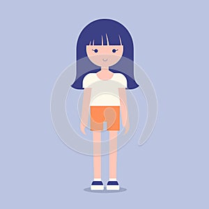 Young girl standing smiling in casual clothes, simple flat style. Cute child character, cheerful mood, purple background