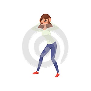 Young girl standing with terrified face expression. Woman holding her hands on head. Emotional person. Flat vector