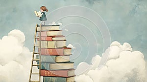 young girl stands atop a tall stack of books, reading in the clouds
