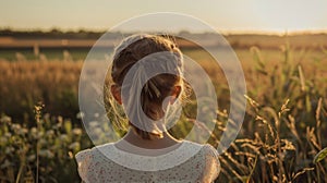 A young girl stands with back towards the camera head tilted upwards towards the sky in a moment of quiet contemplation