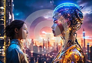 A young girl stands in front of a humanoid creature controlled by artificial intelligence in city of future