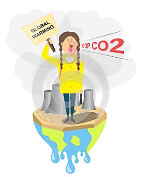 Young girl stay on melting earth with a global warming poster. School kids protesters, climate change, save our planet