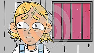 Young girl stressed serching for exit in prison cartoon animation