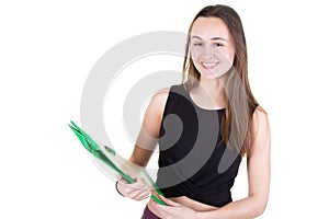 Young Girl Student with School Books Isolated on White Background