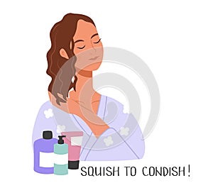 Young girl styles her wet curly hairs with products with lettering phrase Squish to condish! Curly girl method (CGM) concept.