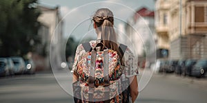 Young Girl With Stylish Backpack With A Embroidery On A Street