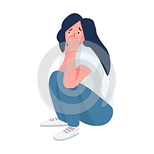 Young girl suffering from panic attack semi flat color vector character