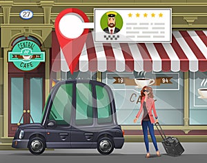 Young girl with suitcase goes in the London taxi for a working trip on the background of cafe with taxi service app.