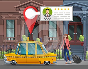 Young girl with suitcase goes in the New York taxi for a working trip on the background of houses with taxi service app.