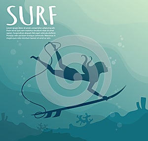 Young girl - surfer with surf board dive underwater with fun under big ocean wave.