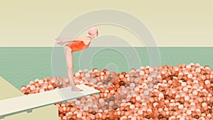 Young girl, swimming athlete in red swimsuits and swimming cap standing on trampoline, ready to dive into balls pool