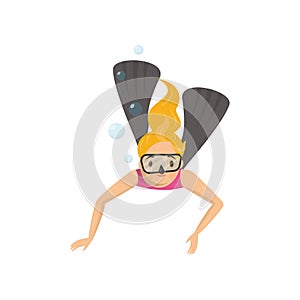 Young girl in swimsuit, flippers and diving mask swimming underwater. Active recreation. Snorkeling theme. Flat vector