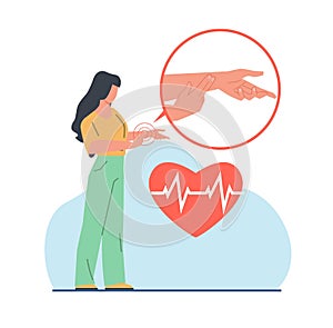 Young girl takes her pulse on her arm. Self diagnostic and monitoring symptoms. Measuring heart pulsation. Increased photo