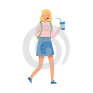 Young Girl Teenager in Casual Denim Blue Skirt and with Backpack Walking and Drinking Soda Vector Illustration