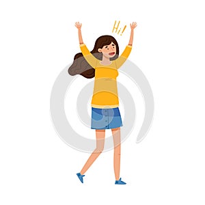 Young Girl Teenager in Casual Wear Waving Hand and Greeting Vector Illustration