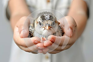 Young girl tenderly holding small bird, promoting animal welfare and protection concept