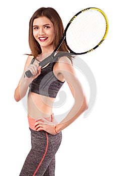 Young girl tennis player with racket isolated on white background