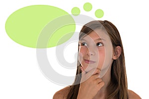 Young girl thinking with speech bubble and copyspace