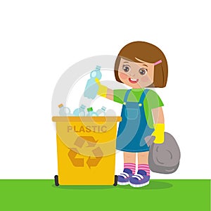 Young Girl Throwing Plastic Bottles In Recycle Bin. Waste Recycling. Environmental Protection.