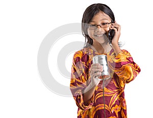 Young Girl With Tin Can Phone and Smartphone II