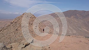 Young girl together with her dog puppy looks at the panorama on the summit of a volcanic mountain