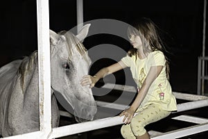 Young girl touching a white horse