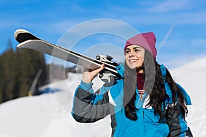 Young Girl Tourist Snowboard Ski Resort Snow Winter Mountain Happy Smiling Woman On Holiday