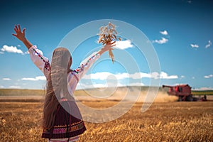 Young girl with traditional Bulgarian folklore costume at the agricultural wheat field during harvest time with industrial combine