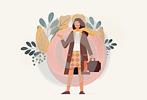 Young girl travel with baggage flat vector illustration