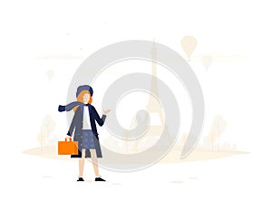 Young girl travel with baggage flat vector illustration