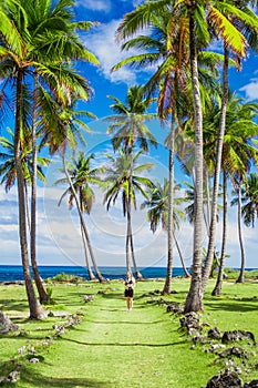 Young girl traveller on the green road with palm trees.